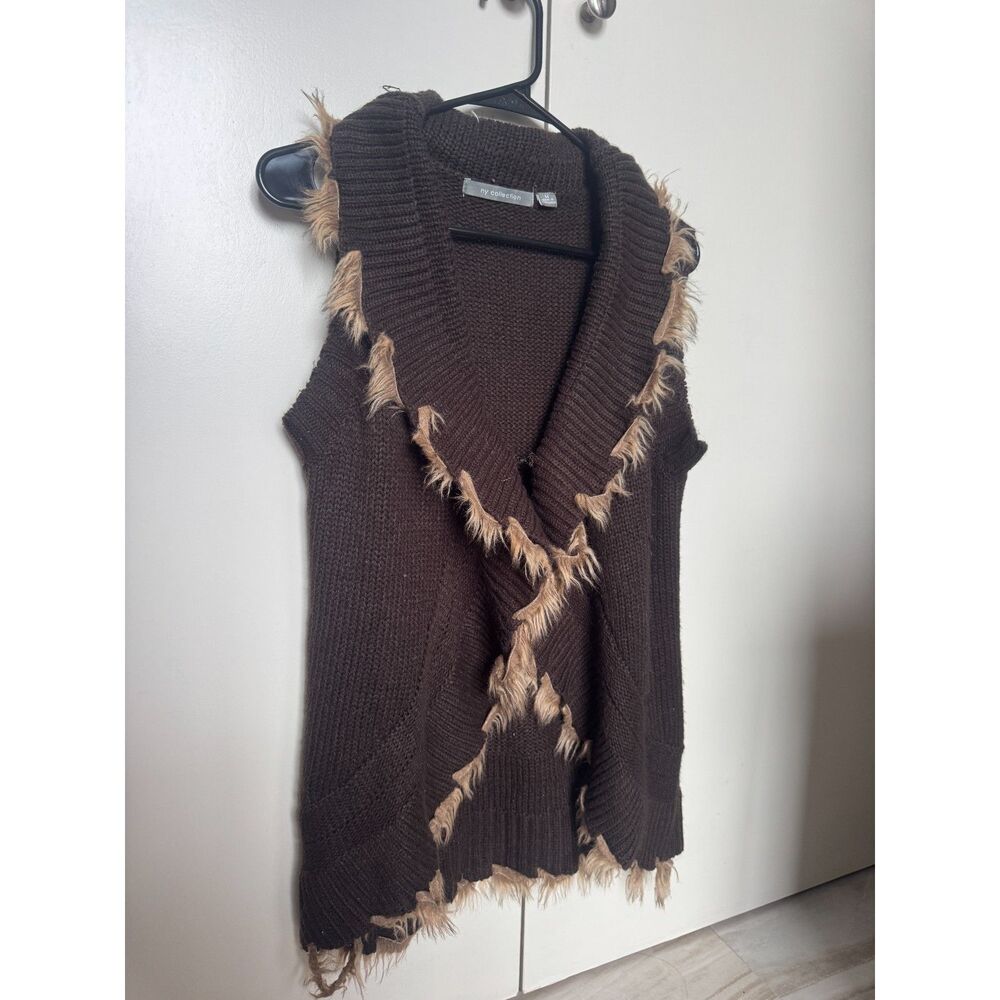 Vintage Women's Brown Sleeveless Cross Knit Cardigan NY Collection Sz M Fur Trim